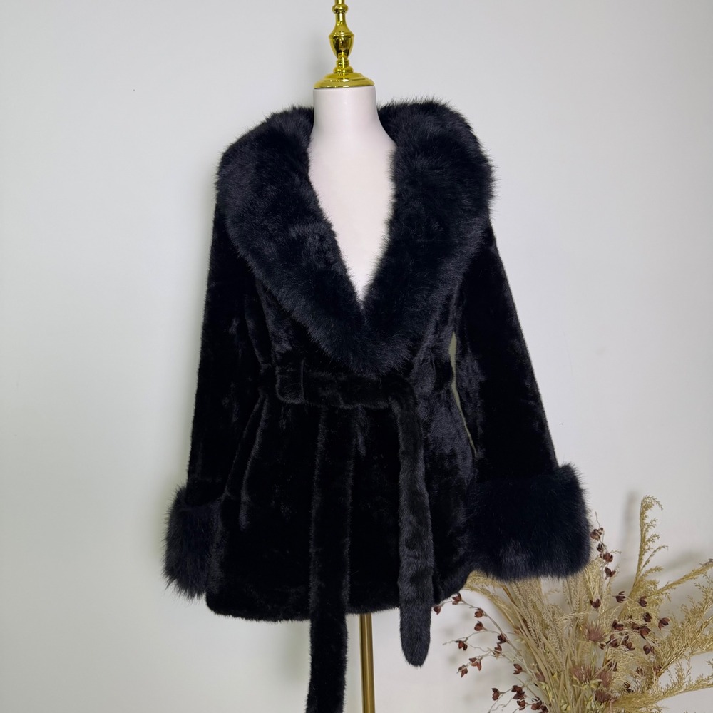 Allegra K Medium Black Faux Fur Collar Cuff Belted Shearling Style Jacket